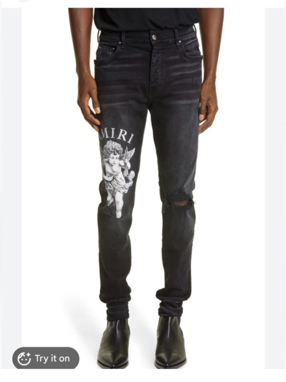 Amiri Black Distressed Slim Jeans with Cherub Graphic Size 33

BIN L